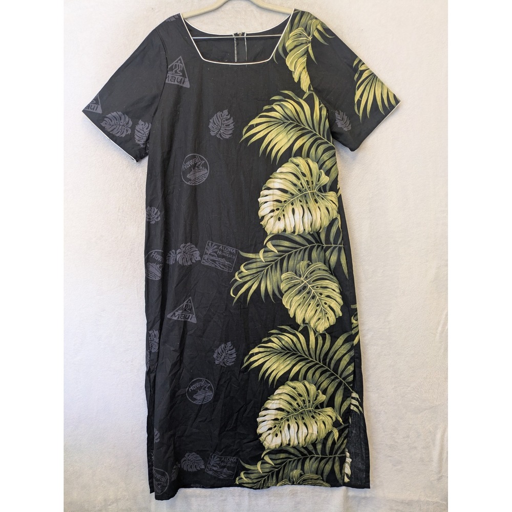 Winnie Fashion Muumuu Dress Women's L Black Monstera Leaf Made in‎ Hawaii